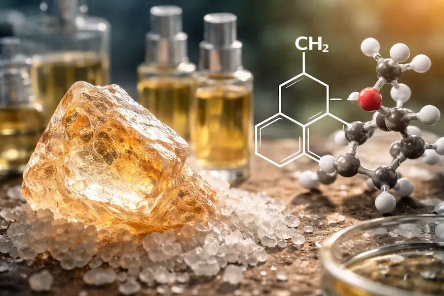نمای نزدیک از مولکول آمبروکسان در کنار بطری عطر و کریستال کهربایی