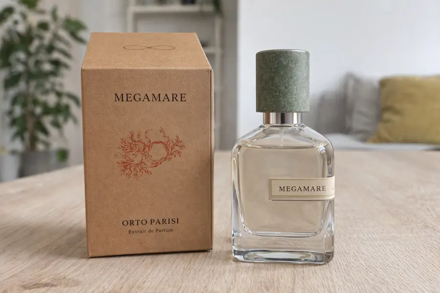 تصویر بطری و جعبه اصلی عطر Megamare Orto Parisi با درب سبز زیتونی مات