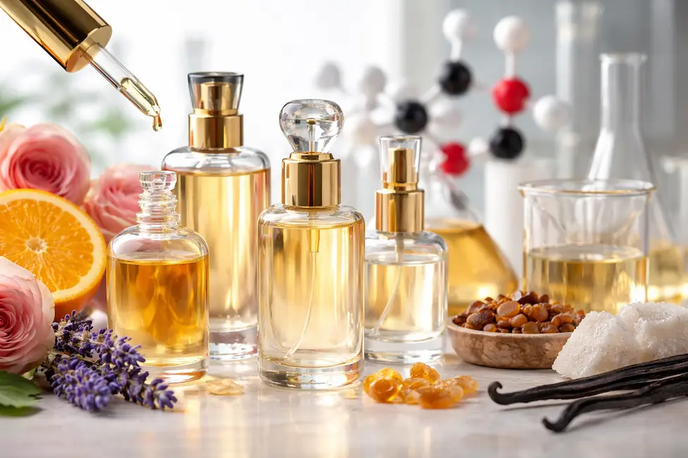 تفاوت رایحه طبیعی و سنتتیک در عطرسازی با نمایش مواد طبیعی و ترکیبات آزمایشگاهی