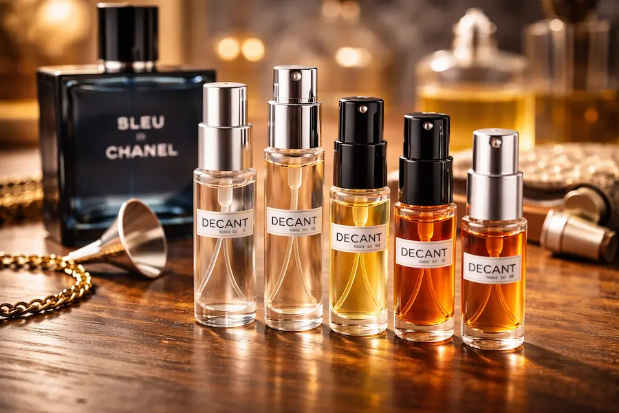 نمای نزدیک از شیشه های دکانت عطر در کنار بطری اصلی برای تست و نمونه گیری رایحه